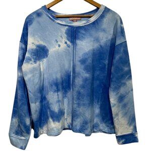 Brushed Womens Lightweight Boxy Sweatshirt Blue Tie Dye Clouds Artsy Sz L